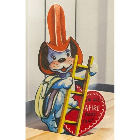 Vintage Valentines Day Greeting Card Firefighter DogClimbing Ladder Design 1940s - Picture 1 of 5
